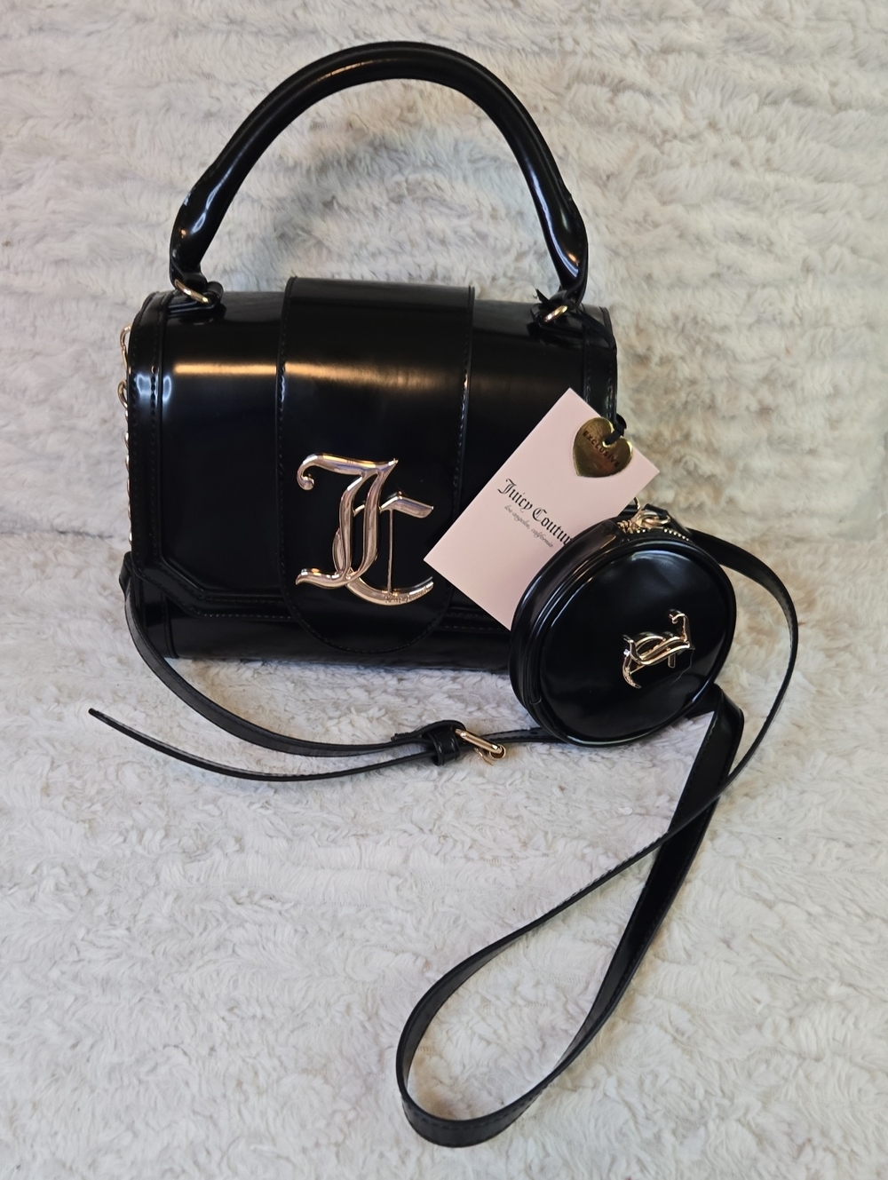 Juicy Couture Black Patent Faux Leather Top-Handle Satchel with Round Coin Purse